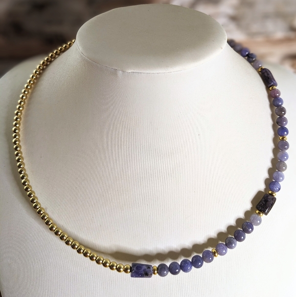 Natural Tanzanite & Gold Ball Beads In Assymetrical Choker/Necklace - Picture 4 of 8